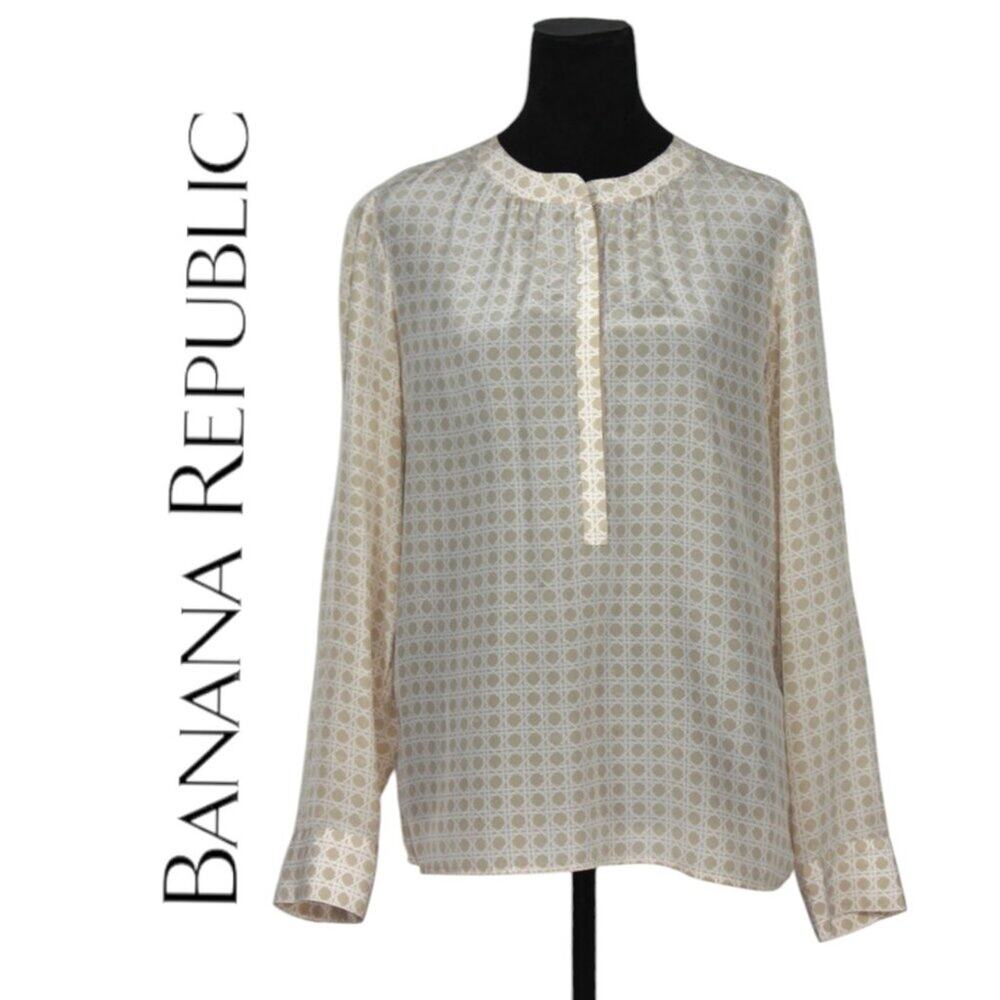 Banana Republic 100% Silk Beige and White Lattice Pattern Blouse Size Medium